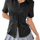 SweatyRocks Women's Striped Button Down Shirt Short Sleeve Collared Fitted Work Office Blouse Dressy Tops (Large, Black)