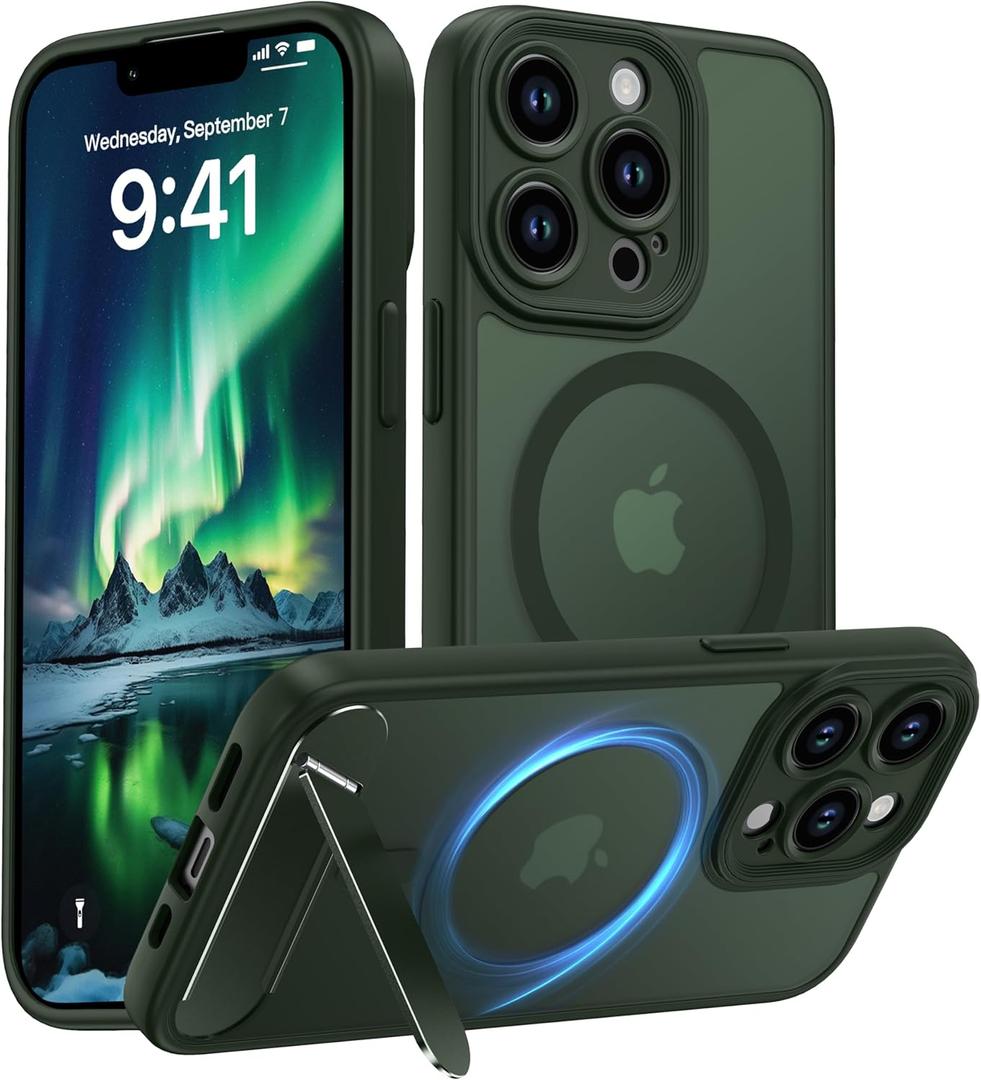 Magnetic Compatible with iPhone 13 Pro Case, [Built-in Kickstand][Full Camera Protection][Compatible with MagSafe][Anti-Fingerprint] Shockproof Phone Case for iPhone 13 Pro 6.1",Green