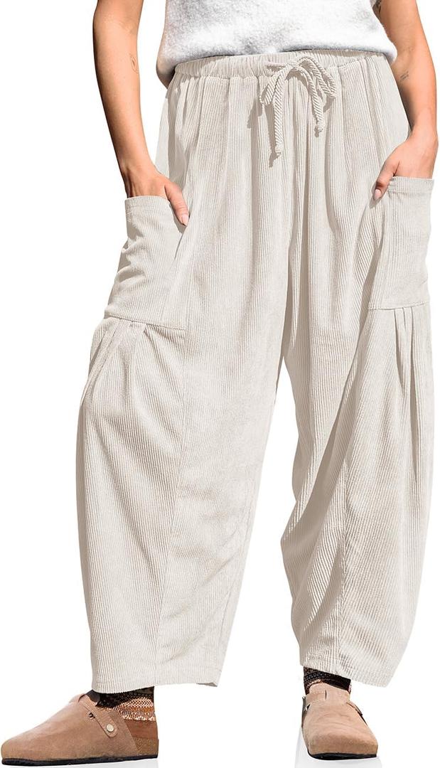 TARSE Womens Corduroy Pants Barrel Casual Loose Baggy Drawstring Wide Leg Palazzo Harem Pants with Pockets (Large, Milky White)