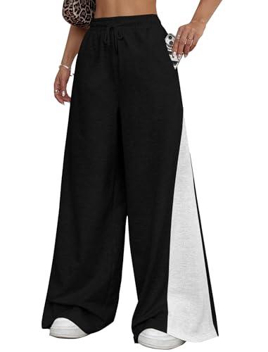 ZAFUL Wide Leg Sweatpants for Women Side Striped Patchwork High Waisted Drawstring Active Joggers Pants (1-Black, S)