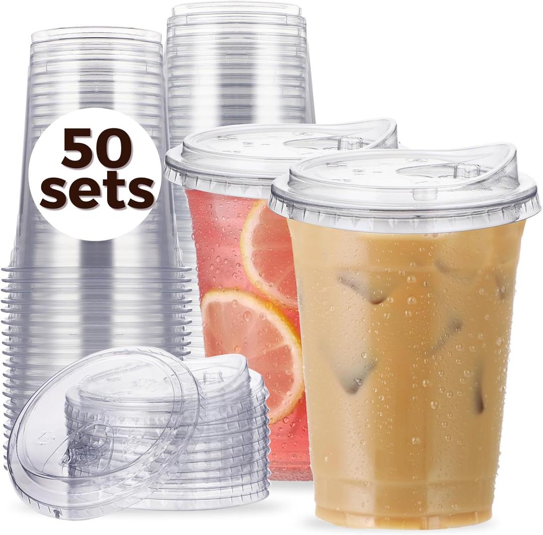16 oz Clear Plastic Cups with Strawless-Sip-Lids, 50 Sets Disposable Cups Plastic Iced Coffee Cups, To Go Cups with Sip Through Lids for Smoothie, Milkshake, Cold Drinks for Party, Wedding, Event