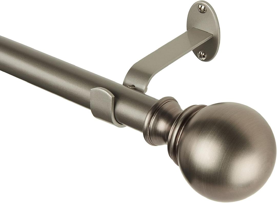 Elrene Home Fashions Cordelia Adjustable Single Curtain Rod with Globe Ball Finials, 1 Inch Diameter, Antique Pewter, 28"-48"