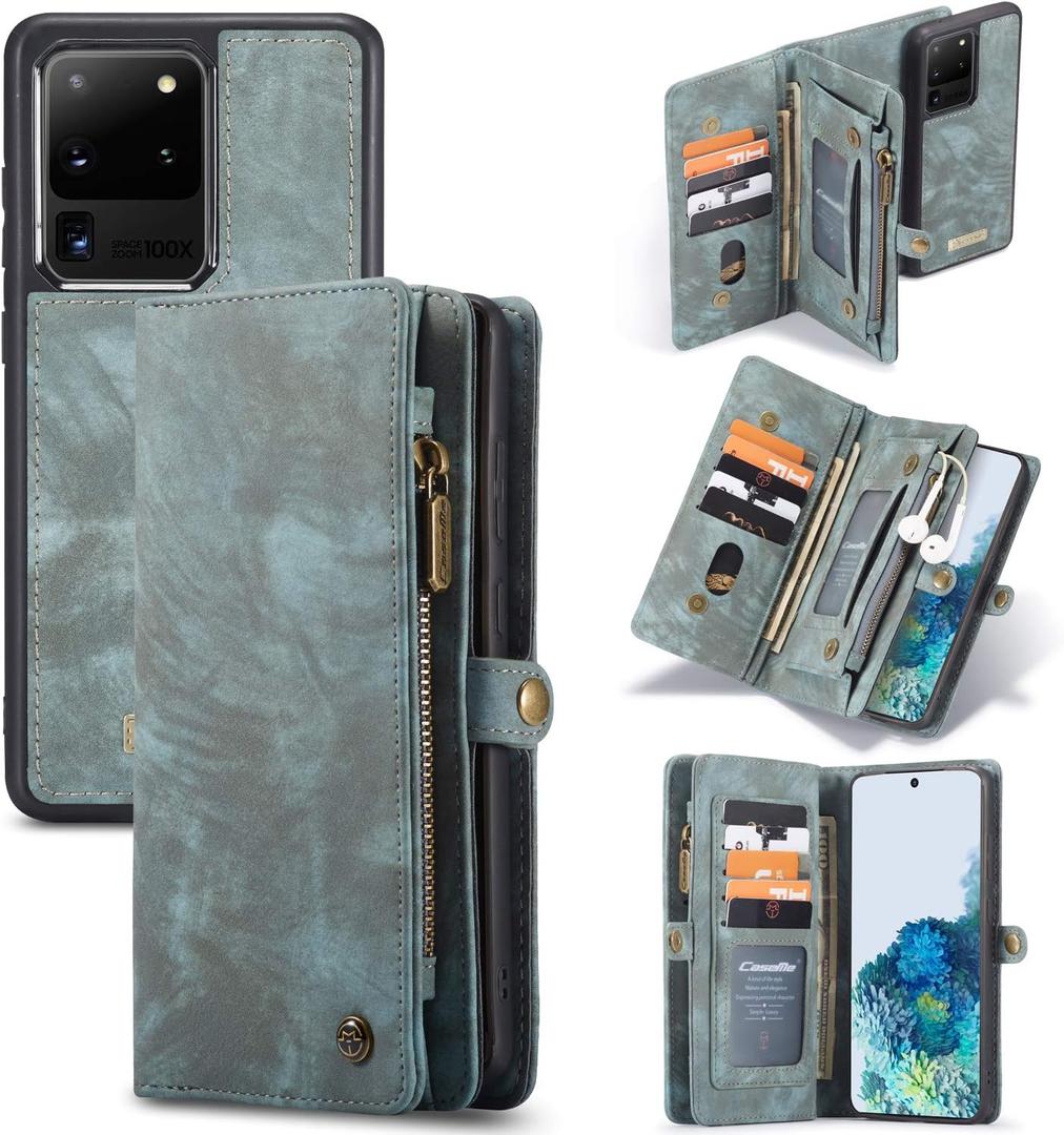 Simicoo Samsung Galaxy S24 Ultra Wallet Leather Case Detachable Magnetic Zipper Flip Case 11 Card Slots Holder Wrist Strap Handle Shockproof Cover Pocket Wallet Handbag for S24 Ultra (Blue)