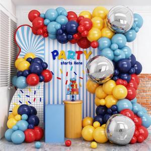 Jobkoo Red Blue Yellow Balloon Arch Kit with 4D Silver Ball Foil Balloons, Dusty Navy Blue Red Yellow Latex Balloons Garland for Carnival Circus Birthday Baby Shower Party Decorations
