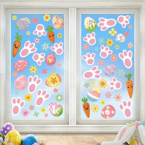 4 Sheets Easter Window Clings Colorful Egg Carrot Window Decals Holiday Windows Decoration Easter Rabbit Footprints Electrostatic Windows Stickers for Home School Shop Glass Display Party Supplies (907)