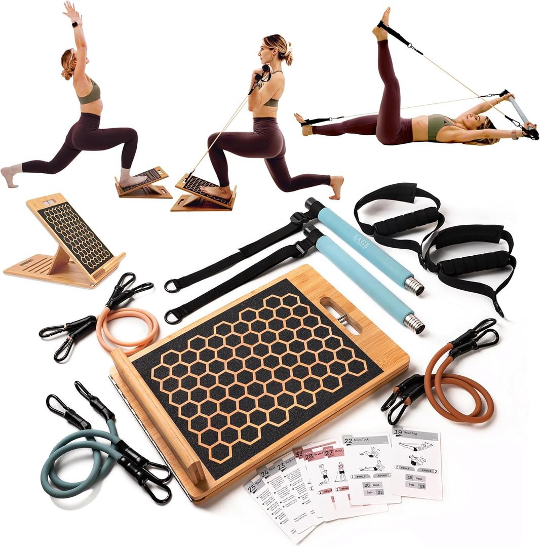 Pilates Kit - 3-in-1 Home Workout Set with Bamboo Slant Board, Pilates Bar & Resistance Bands, 54 Workout Cards + QR Code for Follow-Along Videos - Full Body Training & Mobility