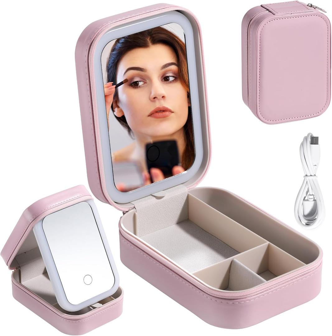 BS-MALL Travel Cosmetic Mirror Case LED Makeup Mirror Storage Case for Eyelash Station Brushes Cosmetic Tools Pink On-the-go Makeup Needs (Pink)