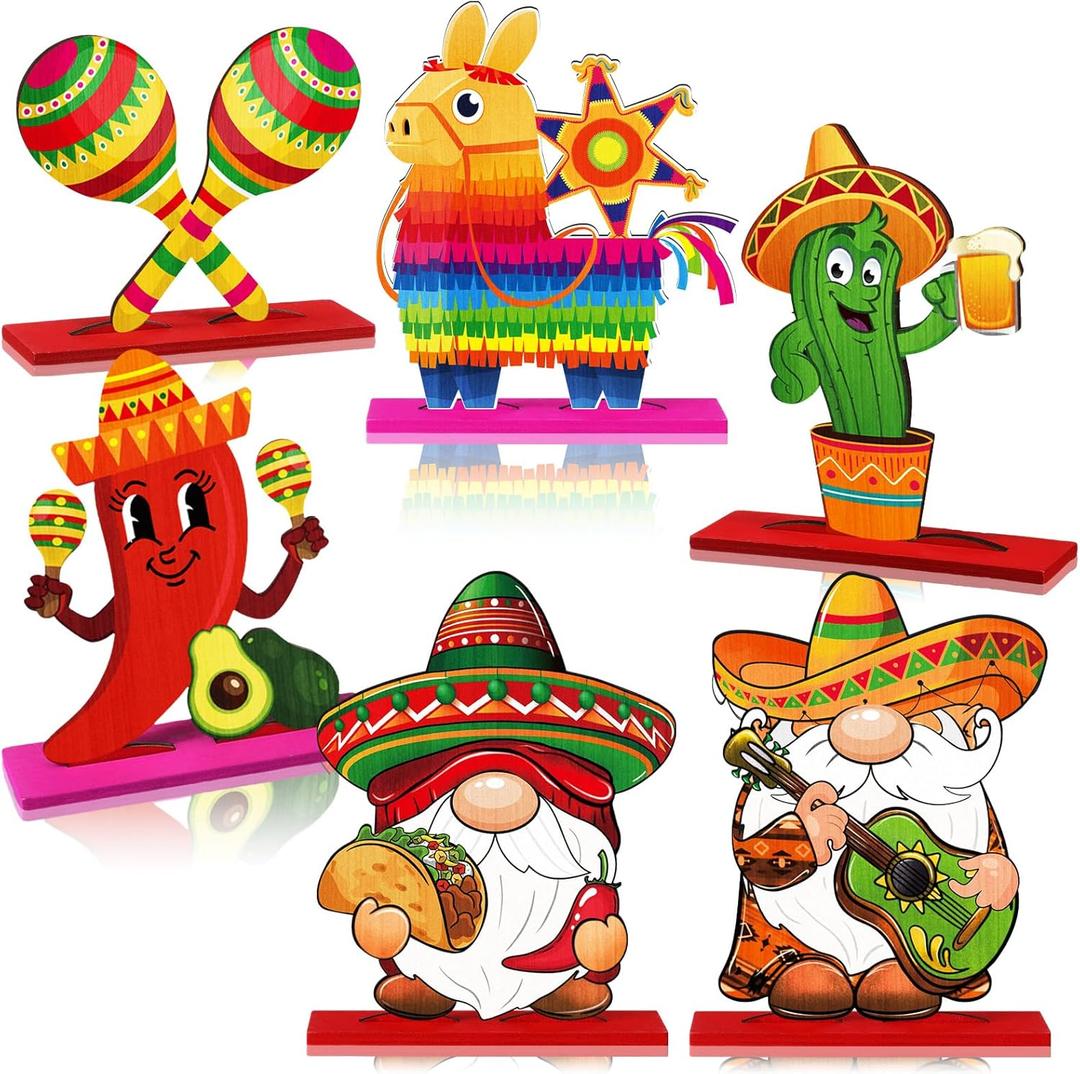 6 Pcs Mexican Table Centerpieces Fiesta Wooden Table Decorations Cinco De Mayo Party Decorations with Base for Mexican Taco Parties Fiesta Farmhouse Kitchen Family Mayo Gift Decor