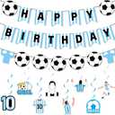 19 Pcs Soccer Party Decorations Blue White Happy Birthday String Flags Sport Theme Spiral Swirl Set Soccer Star Hanging Swirl Cards Sport Theme Backdrop Pennant for Team Celebration Birthday Supplies