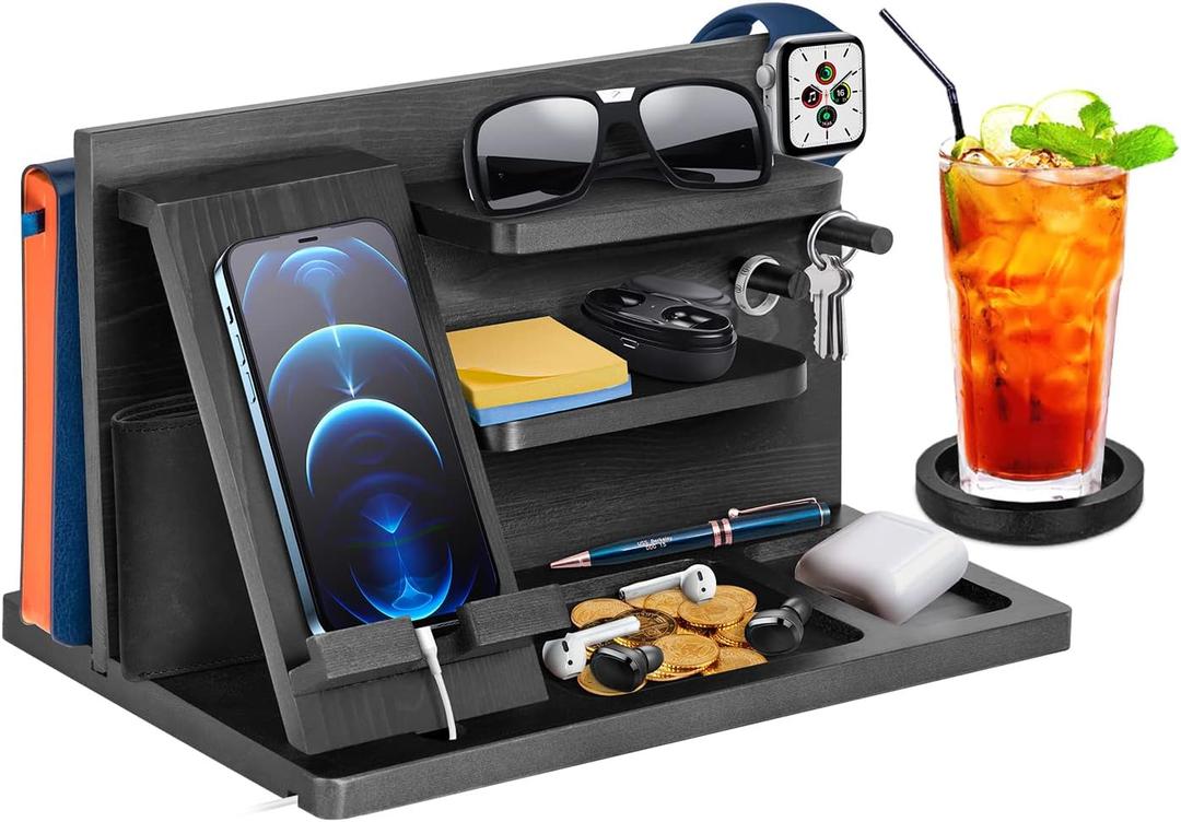 Gifts for Men Bedside Organizer Wood Phone Docking Station Dad Birthday Gifts for Him Nightstand Key Wallet Watch Stand Mens Gifts for Xmas Presents for Dad Husband Boyfriend Anniversary & Christmas (Black)