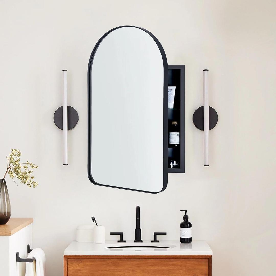 Matt Black Arched Recessed Bathroom Medicine Cabinet with Mirror Stainless Steel Metal Framed Rectangular Bathroom Cabinet with Mirror 20x30''