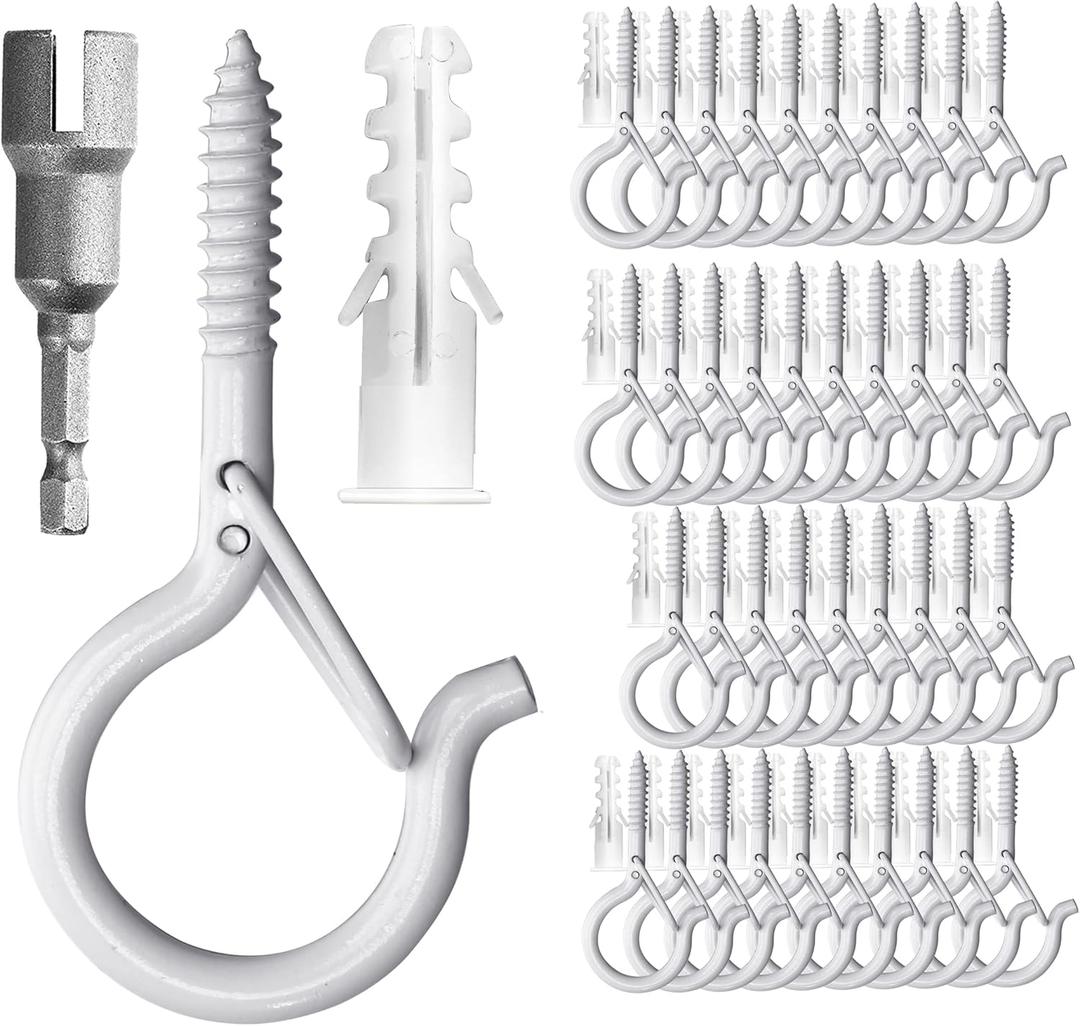 PlusRoc 40 Pack Christmas Light Hooks for Outdoor Seasonal Lighting Clips, 2.2 Inch White Cup Hooks Eye Hook Q-Hanger, with Wing Nut Driver, Wall and Ceiling Fence Deck Patio Mount