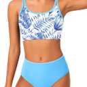 Girls Swimsuit Two Piece Double Straps Sporty Bathing Suit High Waisted Bikini Tropical Floral Swimwear 9-16Y (13-14 Years, Light Blue)