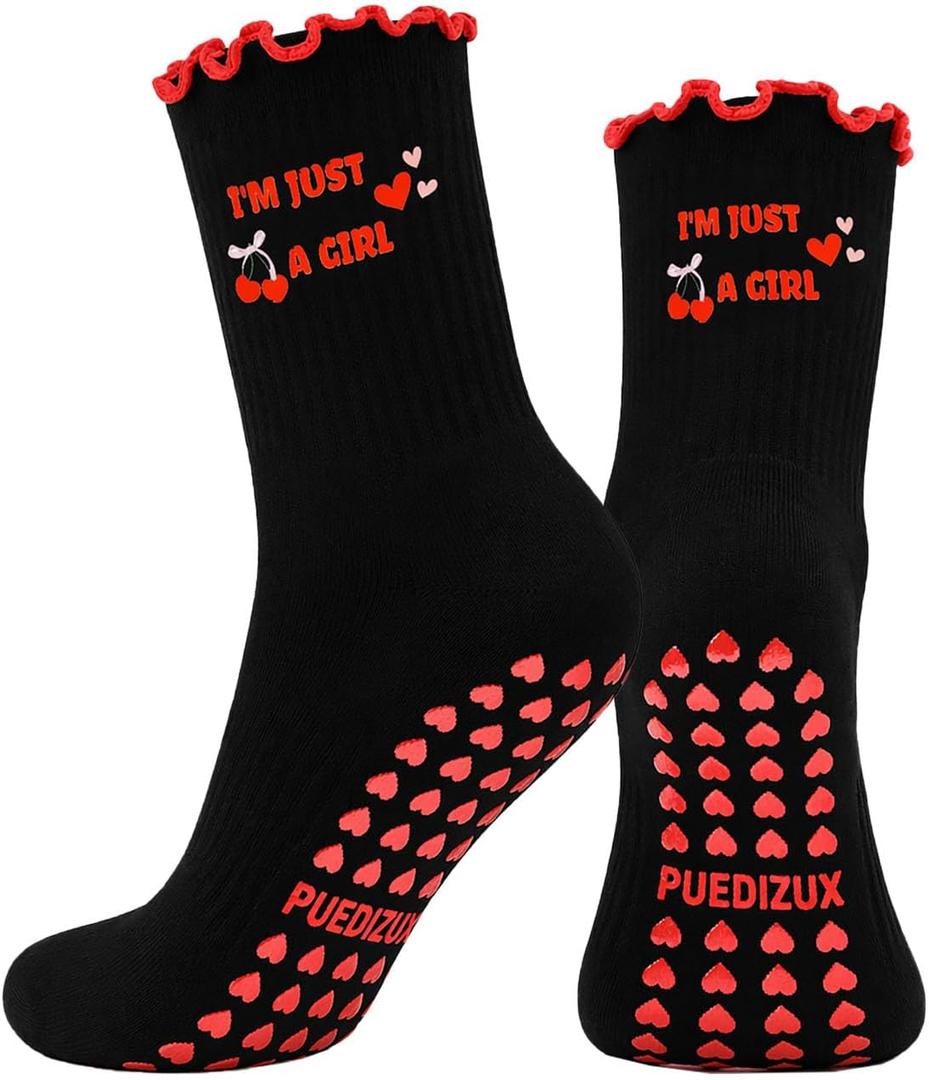 Women Cute Pilates Socks Grip Crew Yoga Socks Ruffle Cuff Embroidery Pattern Workout Ballet Socks (Black)