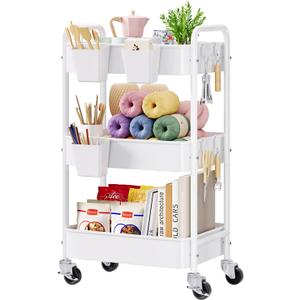 3 Tier Rolling Cart Metal with Wheels, White Three Tiered Craft Cart Organizer on Wheels, Storage Utility Carts for Art, Baby Nursery, Diaper Caddy, Cleaning Supplies, Nail, Lash, Snack, Book, Roller Shelf