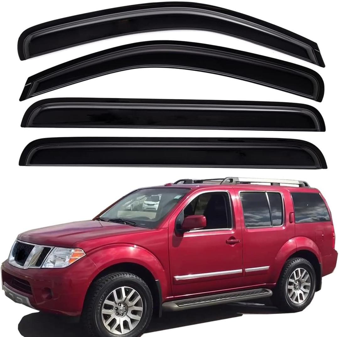 Lightronic Extra Durable Outside-Mount Auto Vent Window Visor, Fits 2005-2012 Nissan Pathfinder, UV Protection Rain Guard, Original Wind Deflector, No-Drill Easy Install, Dark Smoke, 4-Pcs
