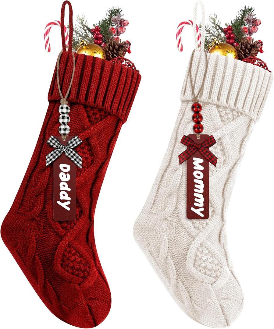 2Pack Personalized Christmas Stockings with Wooden Name Tags, 18 inches Xmas Cable Knitted Stocking for Holiday, Hanging Decoration Gifts for Family Party(White & Red)
