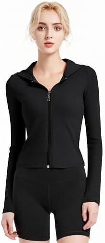 Abonlen Ribbed Hoodies for Women Lightweight Full Zip Up Jackets Long Sleeves Tops Fitted Cropped Sweatshirt Size S, Black