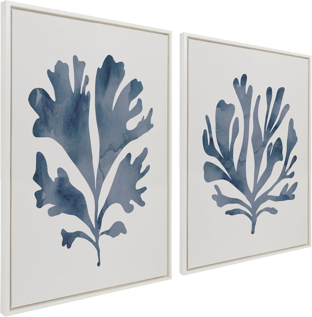 Kate and Laurel Sylvie Sophisticated Neutral Coral Blue 1 and 2 Framed Canvas Wall Art Set by The Creative Bunch Studio, 2 Piece 28x38 White, Soft Coastal Art for Wall