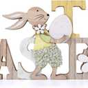 Easter Table Decorations Bunny Tiered Tray Decor Wooden Bunny Block Signs Gifts Happy Easter Centerpiece for Tables Wood Rabbit Tabletop Signs for Kitchen Home Shelf Office Decor (White, yellow)