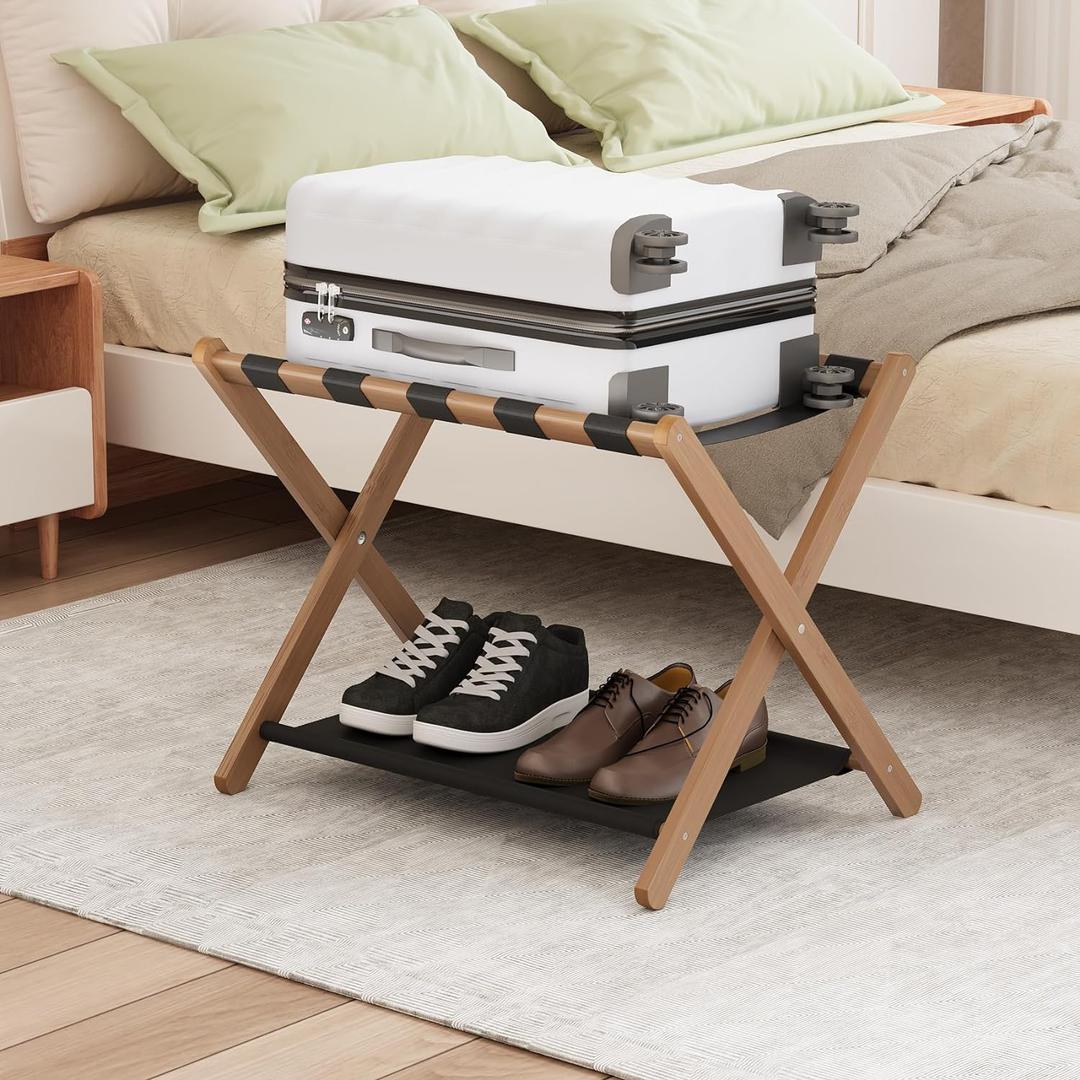 Smuxee Walnut Bamboo Luggage Rack for Guest Room, Foldable Suitcase Stand with Storage Shelf, Easily Assembled Luggage Stand with 5 Nylon Straps for Guest Room Bedroom Hotel
