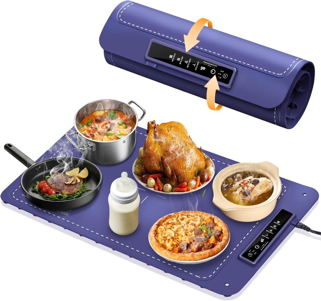 Food Warmer Electric Warming Tray Full Surface Silicone Heating Mat Food Warmer Foldable Hot Plates 4 Temperature Levels for Buffets Party Keep Warm Heating Tray Gatherings Gifts (Navy Blue)