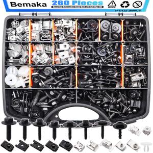 260Pcs Automotive Body Bolt & U-Nut Clips Kit, 21 Sizes Multipurpose Fender Liner Clip M4.2 M6 M8 1/4Inch Fender Bolts Body Fastener Clips for Most Cars Bumper Engine Splash Shield