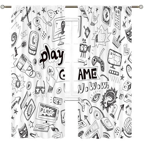 Cinbloo Kids Video Games Curtains 52W x 84L Inch Rod Pocket Black White Gamer for Teen Boys Bedroom Decor Gaming Racing Monitor Device Gadget 90's Art Printed Living Room Window Drapes Fabric 2 Panel