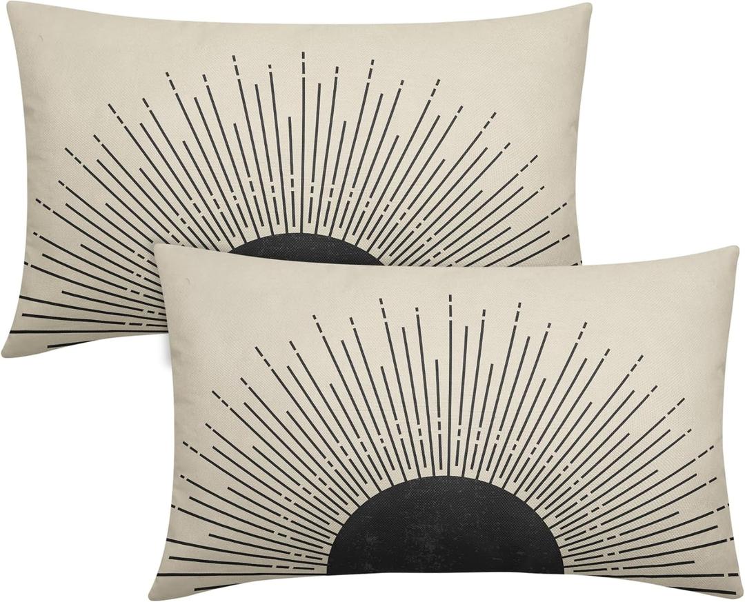 Black Sun Sunrise Sunshine Lumbar Pillow Covers 12X20 Inch Sunset Boho Abstract Decorative Pillow Cases Modern Bohemian Cotton Linen Throw Pillows Set of 2 Home Decor for Sofa Porch Couch Outdoor