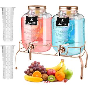 Lallisa 2 Pcs 2 Gallon Glass Drink Dispenser with Stand Ice Cylinder Hanging Chalkboard Signs 18/8 Stainless Steel Spigot Beverage Dispensers for Parties Mason Jar Drink Lemonade (Rose Gold)