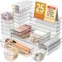 KEMETHY 25 PCS Plastic Drawer Organizers Set, 4 Sizes Vanity Organizer, Makeup and Desk Drawer Organizer Trays, Organization and Storage for Makeup, Bathroom, Kitchen Utensils and Office (Clear)