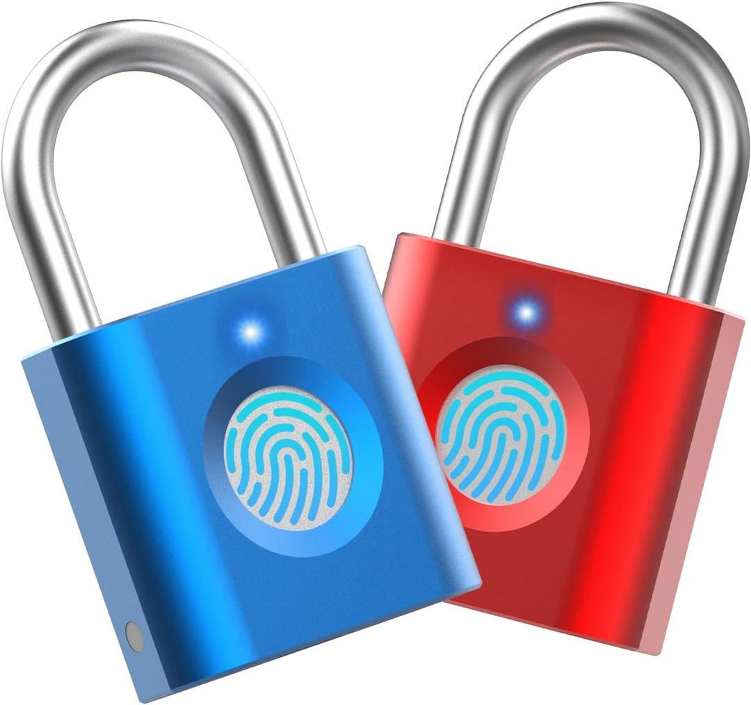 Smart Padlock Locker Lock: 2-Pack Blue & Red - Mini Fingerprint Padlock eLinkSmart Gym Lock with Colourful Metal 20 Fingerprints Keyless fits School Bag Luggage Toolbox Gym Locker