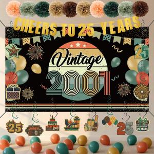 RoundFunny Vintage 25th Birthday Decorations for Men Women 2001 Banner Decorations, Including Back in 2001 Backdrop, Cheers to 25 Years Banner, 12 Hanging Swirl, 10 Paper Poms