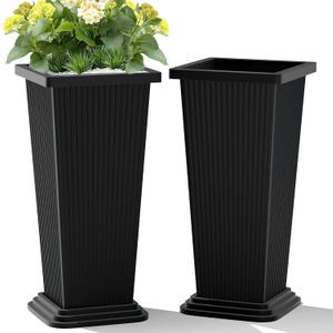 Set of 2 Large Tall Planter for Indoor or Outdoor 24" Flower Pots Tapered Tall Planters with Tray for Porch, Patio, Backyard, Large Planters for Outdoor Indoor Plants(Black,Striped)
