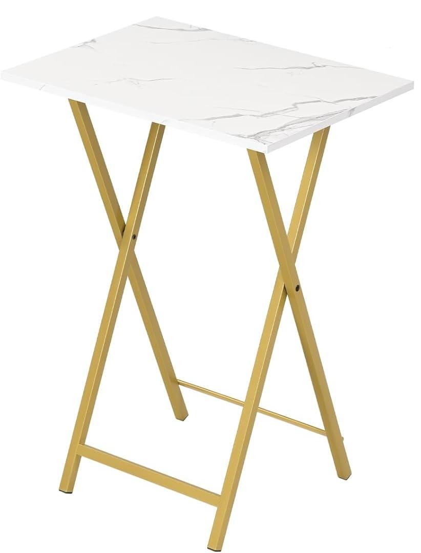 HOOBRO Folding TV Tray Tables, Side Table for Small Space, Industrial Snack Tables for Eating at Couch, Stable Metal Frame, Easy Assembly, Space Saving, Marble and Gold DM25BZ01