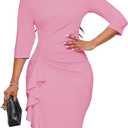 Church Dresses for Women 3/4 Sleeve Bodycon Ruffle Vintage Wear to Work Pencil Midi Dress (X-Large, Pink)