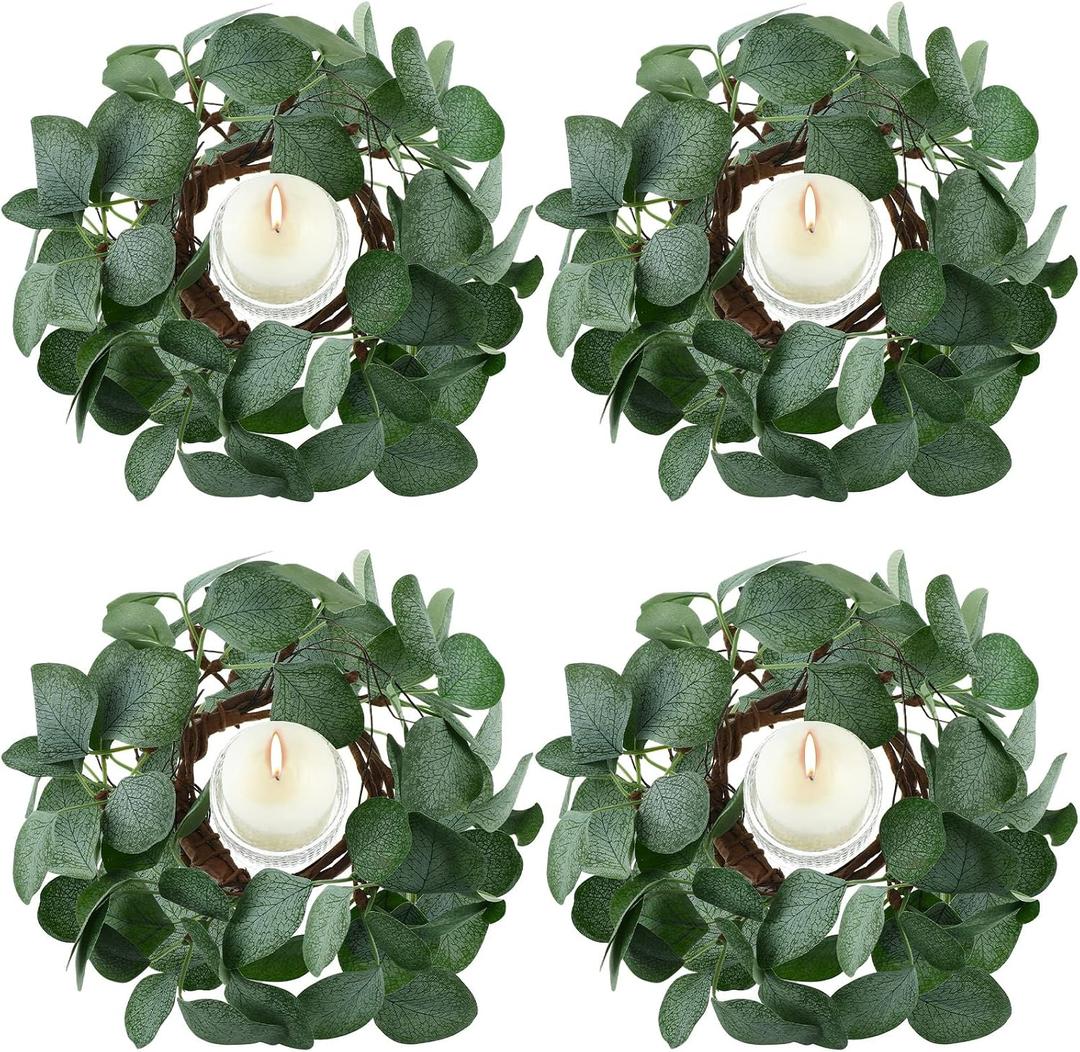 Waydress 4 Pieces Candle Rings Artificial Eucalyptus Leaves Wreaths Small Boho Wreaths Rings Pillar Candle Holder for Wedding Home Door Tabletop Decoration