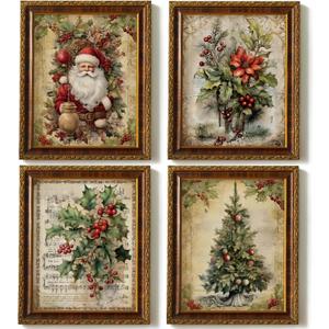 JXREQ Vintage Christmas Bathroom Wall Decor Prints,Retro Christmas Wall Art Decorations for Home Kitchen Bedroom Bathroom Living Room Office,Santa Claus Xmas Tree Decor Prints Set of 4,8x10 Unframed