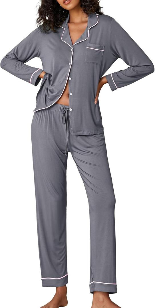 Ekouaer Pajamas Women's Long Sleeve Sleepwear Soft Button Down Loungewear Pjs Lounge Set Nightwear (Large, Gray)