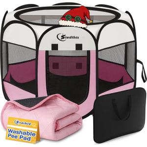 Dog Cat Playpen, Puppy Pet Playpen Indoor for Small Dog Crate Tent Cage Outdoor, Portable Pop Up Dogs Enclosure Kennel with Carrying Case for Dogs/Cats/Rabbits(Pink, Small with pad)