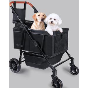 Dog Stroller for Large & Medium Dogs (Up to 66lbs), Pet Stroller for 2 Small Dogs with Adjustable Handle & Canopy, Sun Shades, Storage Organizer, Foldable & Ventilated,Black