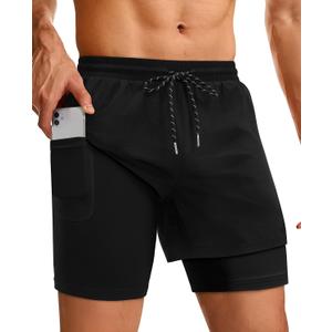 Mens Running Athletic Shorts with Zipper Pocket 5" Quick Dry 2 in 1 Liner Gym Sport Basketball Workout Swim (Black, S)