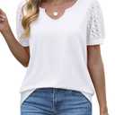 OFEEFAN Womens Tshirts Notch Neck Tops Lace Short Sleeve Tops Dressy Casual Blouses Loose Fit (White)