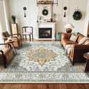 RELEANY Area Rugs 8'x10' Washable Non-Slip, Floral Vintage Distress Print Pattern Medallion Carpet for Living Room Bedroom Dining Room, Light Yellow Carbon Grey Orange