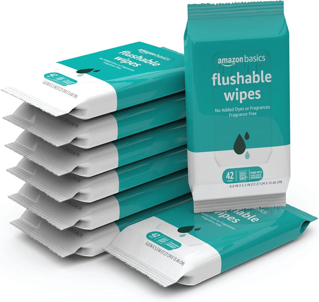 Amazon Basics Flushable Adult Toilet Wipes, Fragrance Free, 42 Count (Pack of 8) (Total 336 wipes) (Previously Solimo) EXP 12/16/2027
