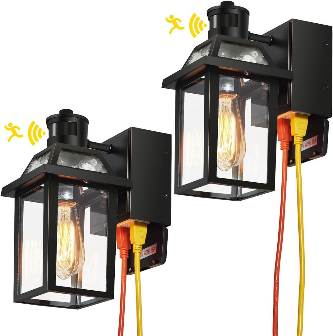 Yisuro Porch Lights with GFCI Outlet, Dusk to Dawn Motion Sensor Outdoor Light, 3 Lighting Modes Exterior Fixture, Outside for House Front Door Patio Garage(2 Pack Black)