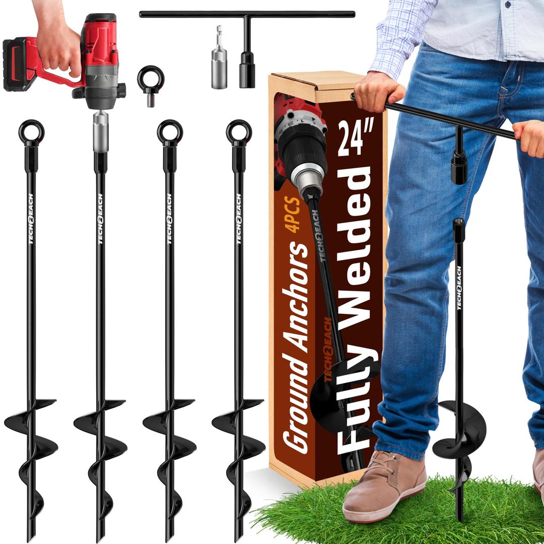 30 inch Ground Anchors Heavy Duty Screw in - Kit of 6 Fully Welded Earth Anchors - Long Spiral Tie Down Stakes for Swing Set Shed Trampoline Canopy Tree Tent - High Wind Anchor - Sand Auger Stake