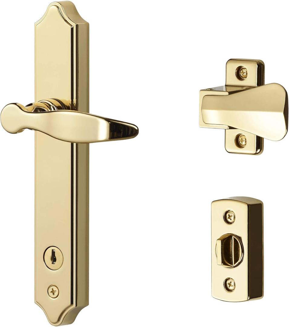 Ideal Security SK1215BB ML Lever Set for Storm and Screen Doors with Keyed Deadbolt, 2-Posts with Tie-Down Screw, Bright Brass