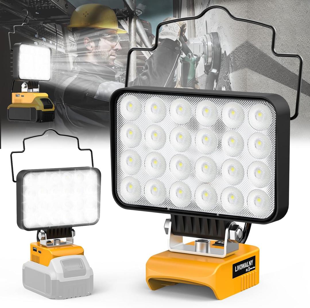 LIVOWALNY 20V Work Light for Dewalt Battery, 78W 7800 Lumen Battery Flashlight, Portable Tools, LED Work Light with USB-A & Type-C Charging Port for Camping, Hiking (1 PCS)