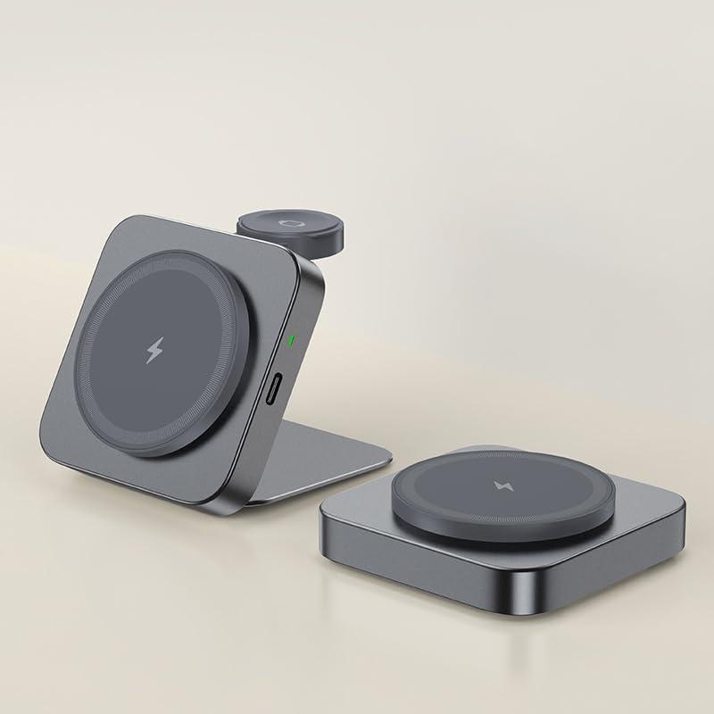 15W Aluminium Alloy Folding 2-in-1 Wireless Charger for Apple Magsafe Stand for iPhone 16pro Watch Ultra2 AirPods (Black)